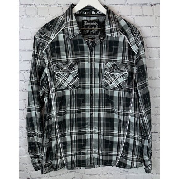BUCKLE BLACK LABEL Black Plaid Athletic Fit Snap Front Long Sleeve Shirt Size XL - Picture 1 of 8